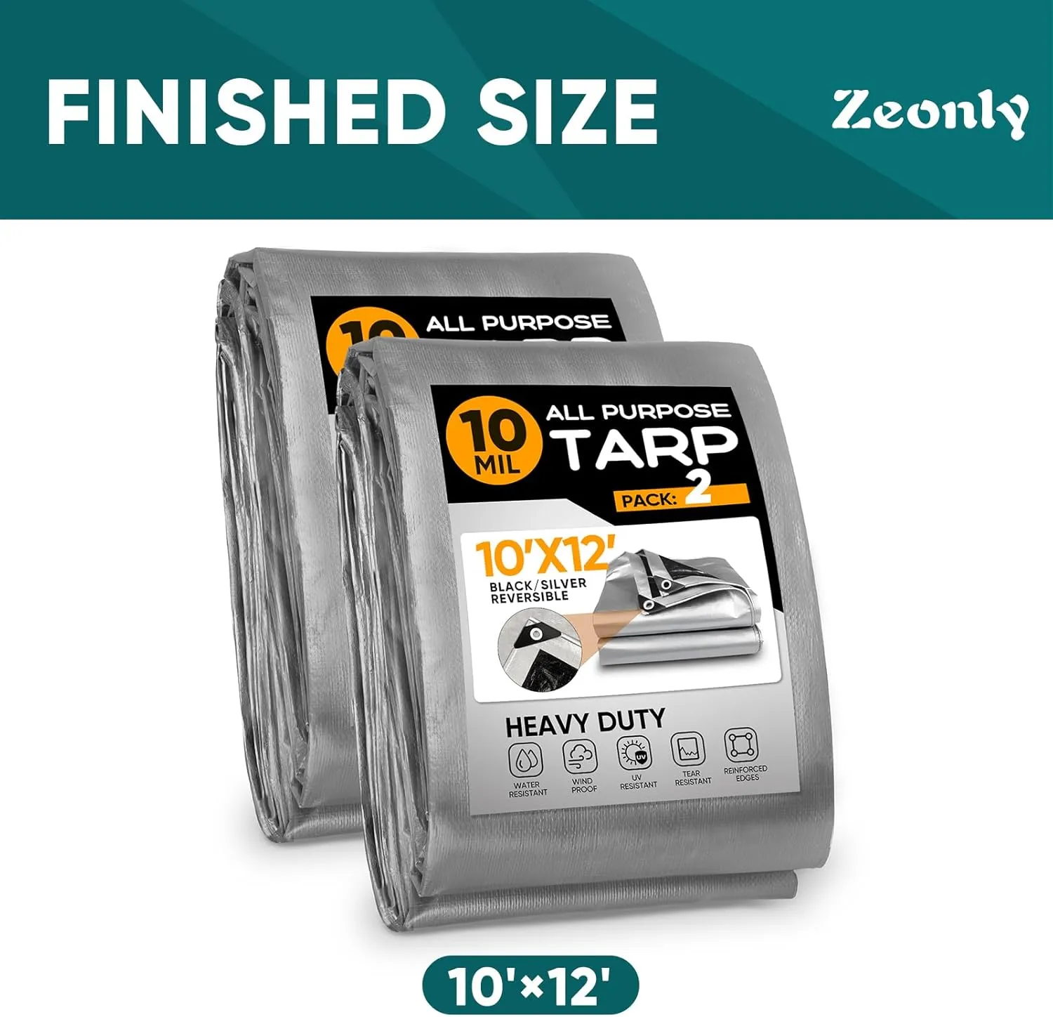 Heavy Duty Tarp 10x12FT 2 Pack,10Mil Thick Black/Silver Waterproof Tarp with Grommets and Reinforced Edges, All Purpose Finished Size Poly Tarps Cover for Firewood Roof Pool Boat
