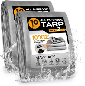 Heavy Duty Tarp 10x12FT 2 Pack,10Mil Thick Black/Silver Waterproof Tarp with Grommets and Reinforced Edges, All Purpose Finished Size Poly Tarps Cover for Firewood Roof Pool Boat