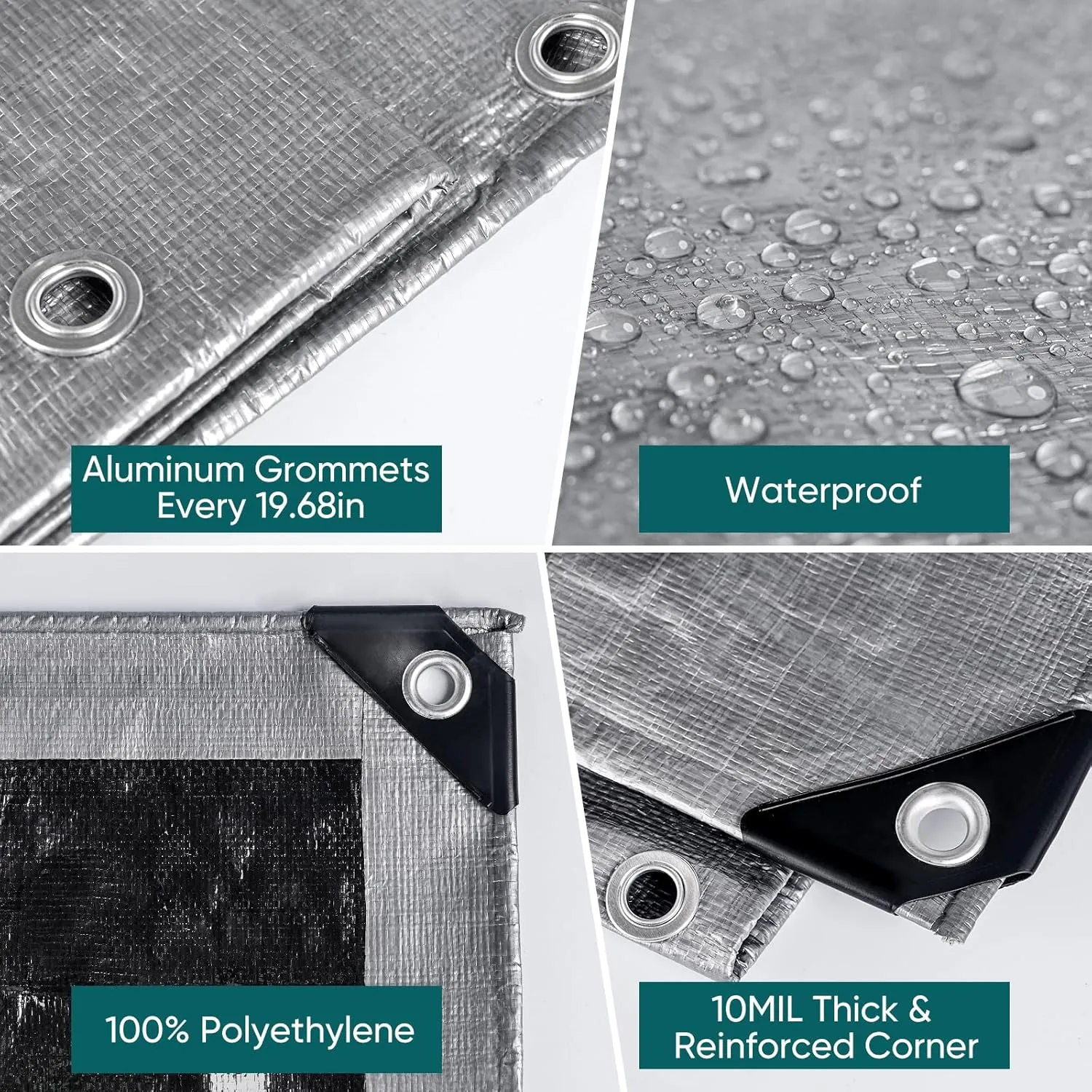 Heavy Duty Tarp 10x12FT 2 Pack,10Mil Thick Black/Silver Waterproof Tarp with Grommets and Reinforced Edges, All Purpose Finished Size Poly Tarps Cover for Firewood Roof Pool Boat