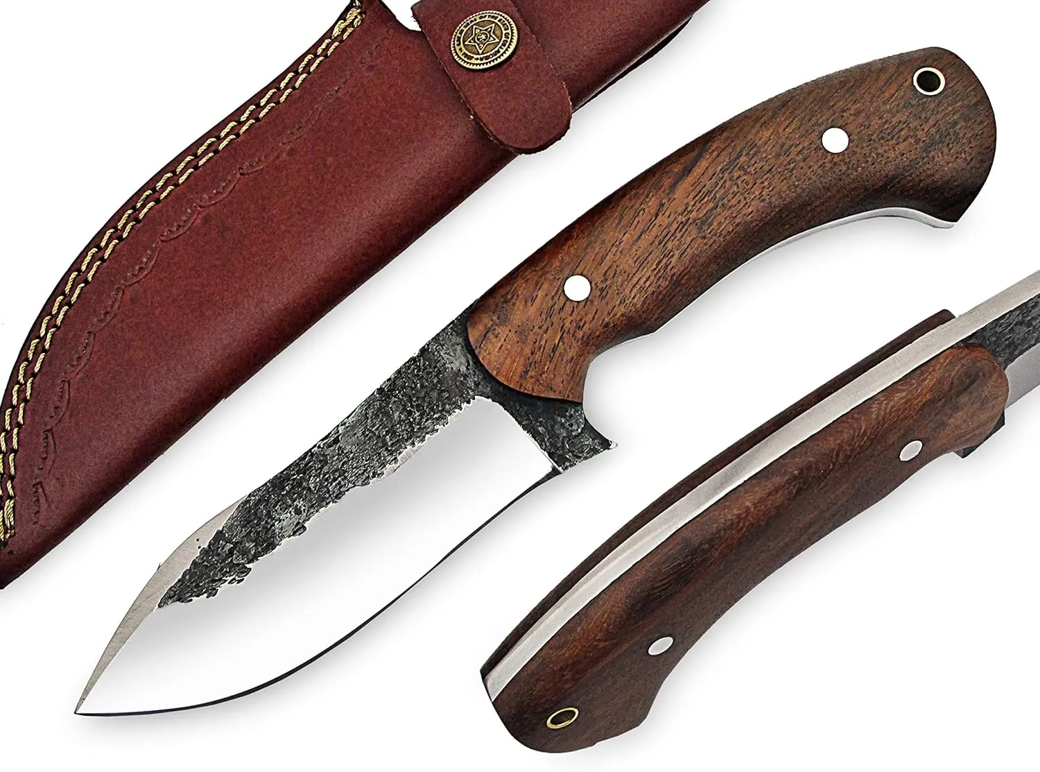 High Carbon Steel Knife - Handmade Full Tang Bushcraft Knife - Hunting Knife, Survival Knife, Fixed Blade Knife & Camping Knife - Camping Knives & Hunting Knives with Rosewood Handle & leather Sheath