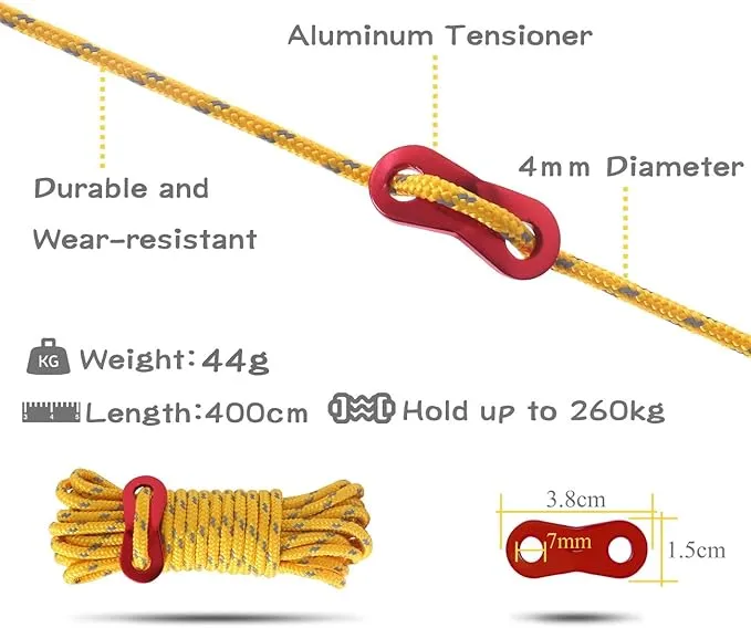 Hikeman 10 Pack 4mm Camping Rope Reflective Outdoor Guy Lines with Aluminum Guyline Adjuster Tensioners Nylon Tent Tie Downs for Hiking Backpacking Tarp,Canopy Shelter (Black)