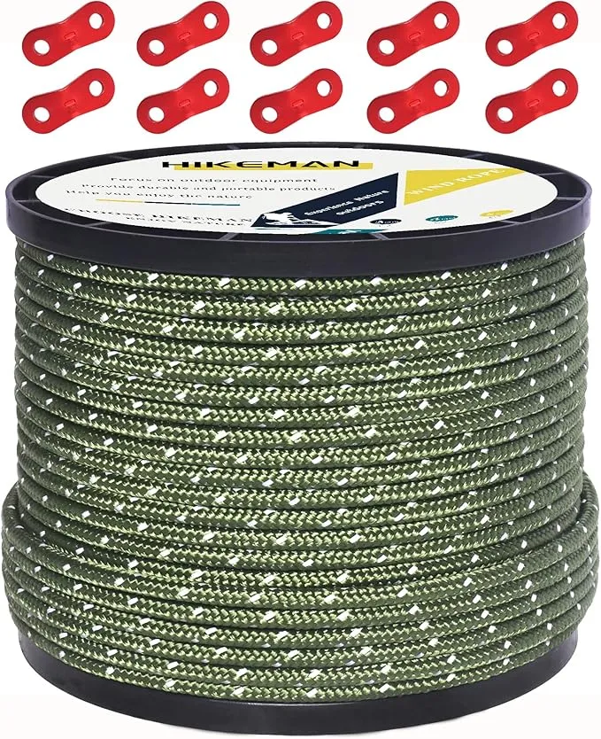 HIKEMAN 50m Reflective Guyline Solid Braid Nylon Camping Rope with Aluminum Adjuster Cord Tensioner Tent Accessory for Outdoor Travel,Hiking,Backpacking and Water Activities (Army Green, 4mm)