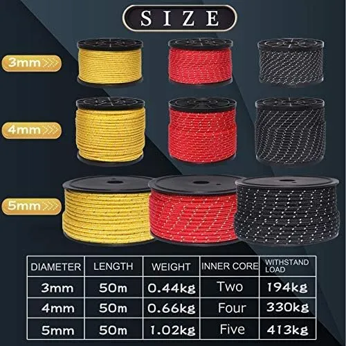 HIKEMAN 50m Reflective Guyline Solid Braid Nylon Camping Rope with Aluminum Adjuster Cord Tensioner Tent Accessory for Outdoor Travel,Hiking,Backpacking and Water Activities (Army Green, 4mm)
