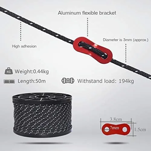 HIKEMAN 50m Reflective Guyline Solid Braid Nylon Camping Rope with Aluminum Adjuster Cord Tensioner Tent Accessory for Outdoor Travel,Hiking,Backpacking and Water Activities (Army Green, 4mm)