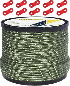 HIKEMAN 50m Reflective Guyline Solid Braid Nylon Camping Rope with Aluminum Adjuster Cord Tensioner Tent Accessory for Outdoor Travel,Hiking,Backpacking and Water Activities (Army Green, 4mm)