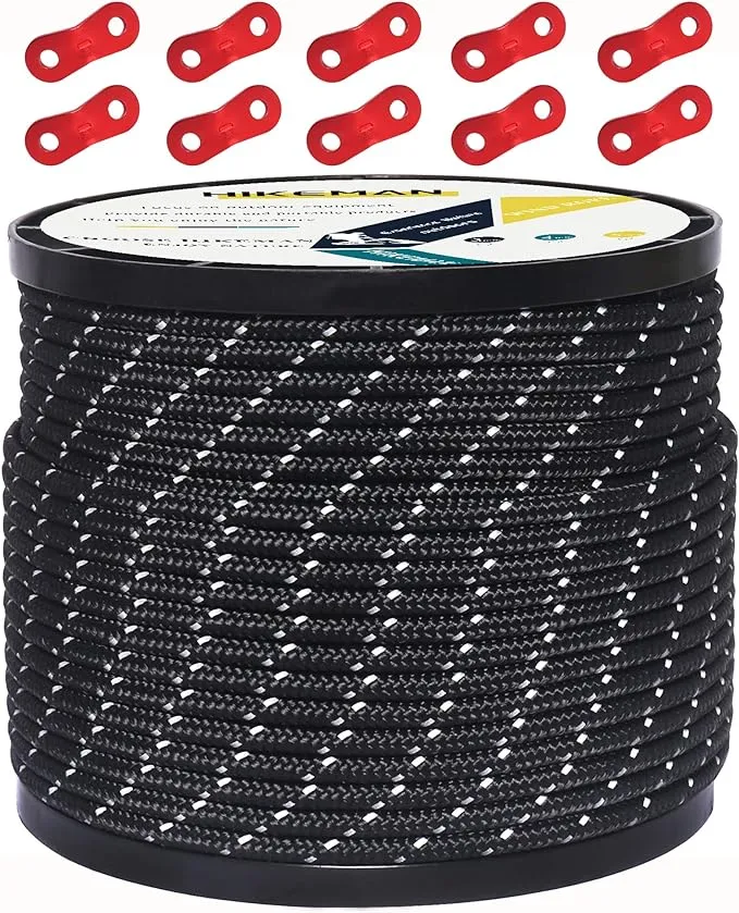 HIKEMAN 50m Reflective Guyline Solid Braid Nylon Camping Rope with Aluminum Adjuster Cord Tensioner Tent Accessory for Outdoor Travel,Hiking,Backpacking and Water Activities (Black, 4mm)