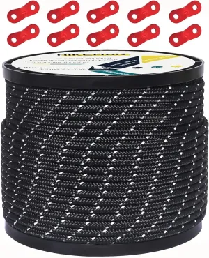 HIKEMAN 50m Reflective Guyline Solid Braid Nylon Camping Rope with Aluminum Adjuster Cord Tensioner Tent Accessory for Outdoor Travel,Hiking,Backpacking and Water Activities (Black, 4mm)