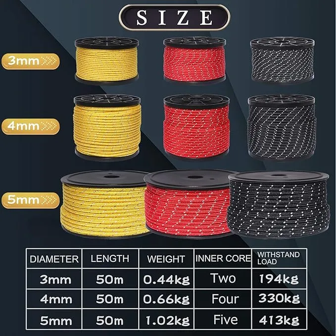 HIKEMAN 50m Reflective Guyline Solid Braid Nylon Camping Rope with Aluminum Adjuster Cord Tensioner Tent Accessory for Outdoor Travel,Hiking,Backpacking and Water Activities (Black, 5mm)