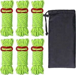 Hikeman 6 Pack 4mm Outdoor Guy Lines Tent Cords Lightweight Camping Rope with Aluminum Guylines Adjuster Tensioner Pouch for Tent Tarp, Canopy Shelter, Camping, Hiking, Backpacking (Fluorescent Green)