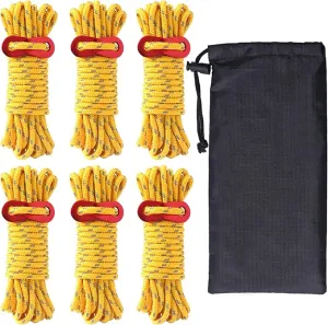 Hikeman 6 Pack 4mm Outdoor Guy Lines Tent Cords Lightweight Camping Rope with Aluminum Guylines Adjuster Tensioner Pouch for Tent Tarp, Canopy Shelter, Camping, Hiking, Backpacking (Yellow)