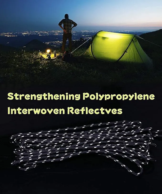 Hikeman Heavy Duty Camping Rope - 6 Pack 5mm Outdoor Reflective Guy Lines with Tensioner Adjuster Strong Nylon Cord for Large Tent Big Tarp Canopy Tie Downs (Black)