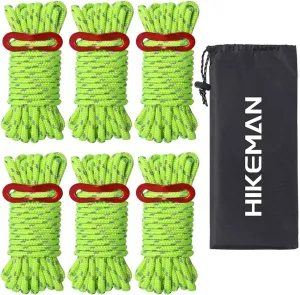 Hikeman Heavy Duty Camping Rope - 6 Pack 5mm Outdoor Reflective Guy Lines with Tensioner Adjuster Strong Nylon Cord for Large Tent Big Tarp Canopy Tie Downs (Fluorescent Green)