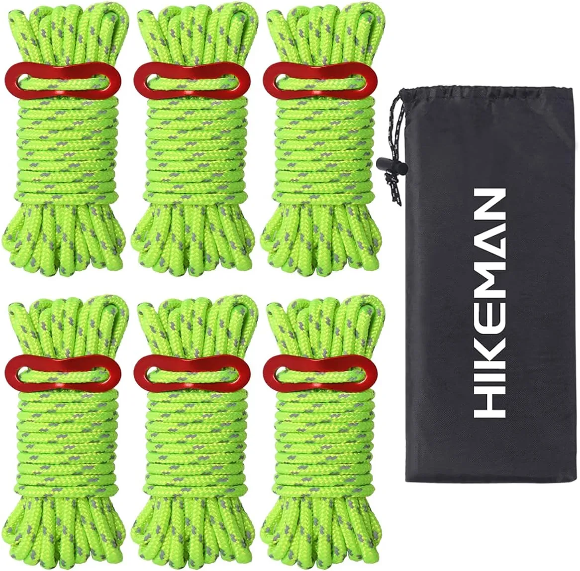 Hikeman Heavy Duty Camping Rope - 6 Pack 5mm Outdoor Reflective Guy Lines with Tensioner Adjuster Strong Nylon Cord for Large Tent Big Tarp Canopy Tie Downs (Fluorescent Green)