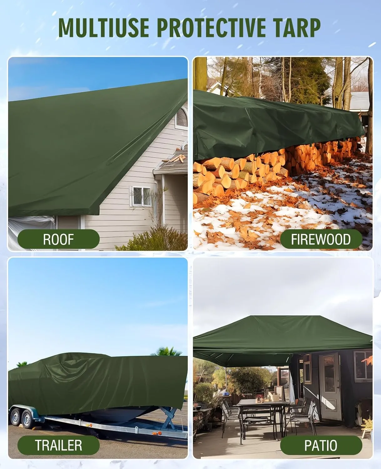 HIRALIY 20 Mil Heavy Duty Waterproof Tarp, 7x12ft Green Tarpaulin with Reinforced Webbing Loops, Multipurpose Oxford Canvas Tarp for Firewood, Roof, Camping, Pool