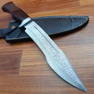 HK-103 Handmade Damascus Hunting Knife with Leather Sheath - Ideal for Chopping, Camping Outdoor - Full Tang Fixed Blade Bushcraft Knife with Walnut wood Handle