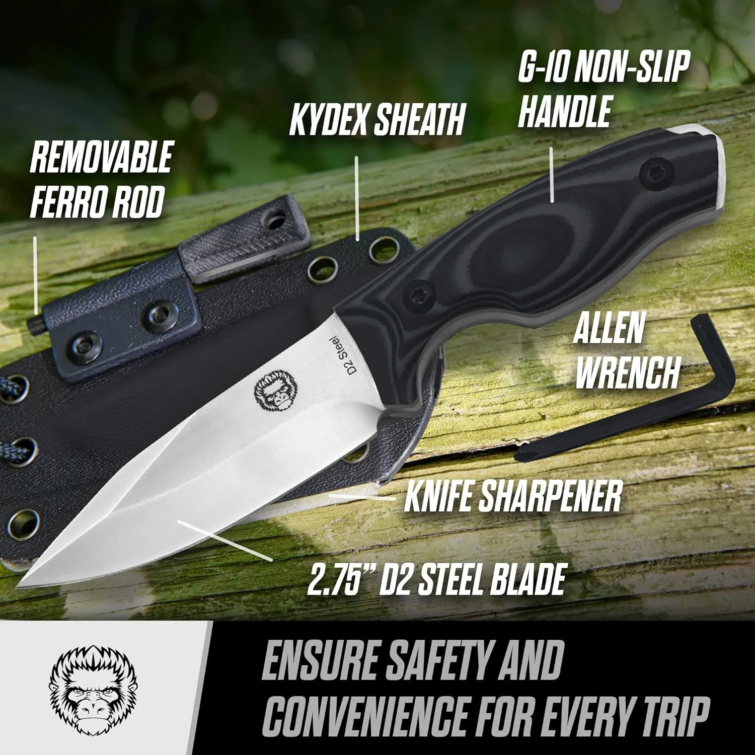 Holtzman's Gorilla Survival Baby Silverback Fixed Blade Hunting Knife with Kydex Sheath & Ferro Rod (Grey) - Ideal for Camping and Outdoor Adventures