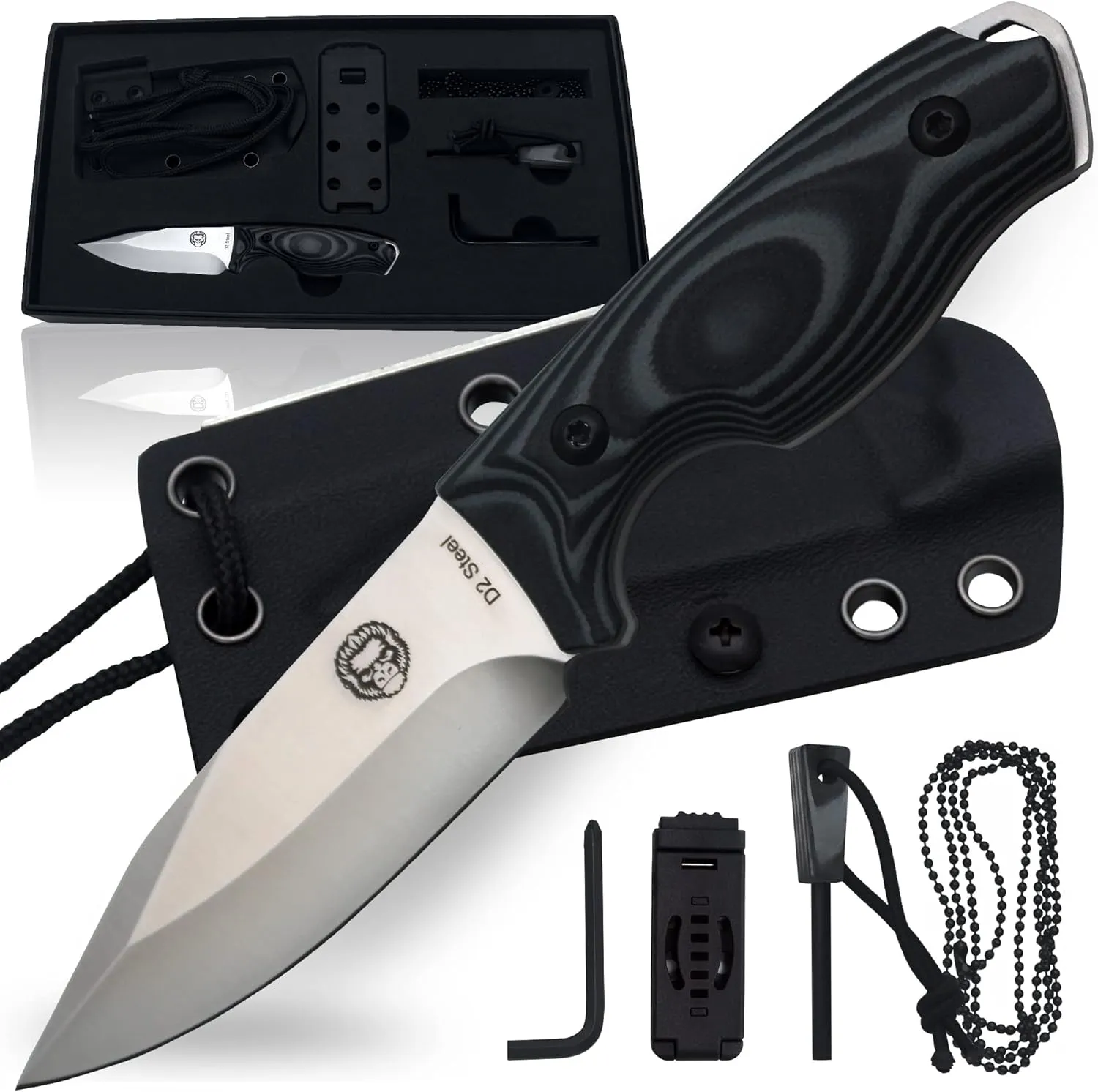 Holtzman's Gorilla Survival Baby Silverback Fixed Blade Hunting Knife with Kydex Sheath & Ferro Rod (Grey) - Ideal for Camping and Outdoor Adventures
