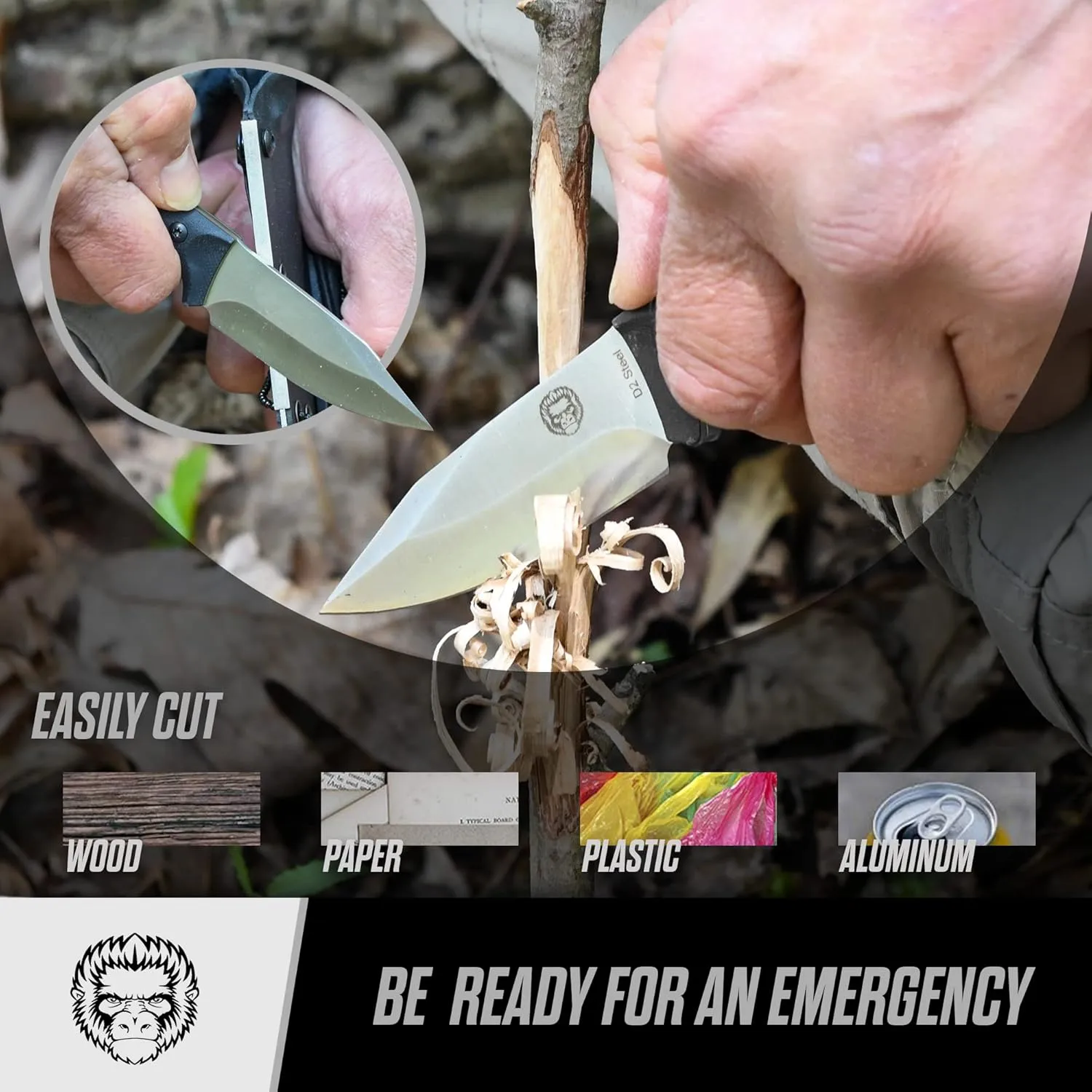 Holtzman's Gorilla Survival Baby Silverback Fixed Blade Hunting Knife with Kydex Sheath & Ferro Rod (Grey) - Ideal for Camping and Outdoor Adventures