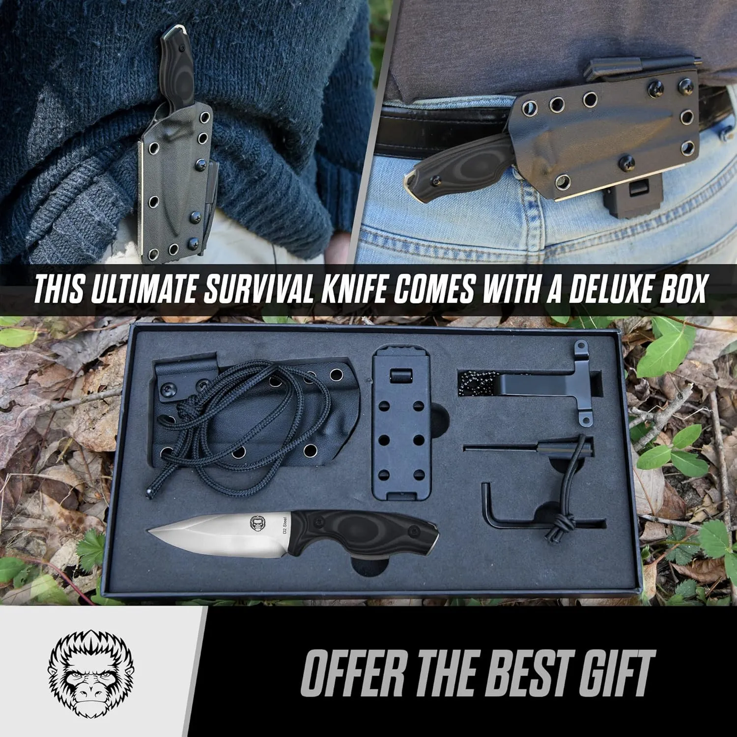 Holtzman's Gorilla Survival Baby Silverback Fixed Blade Hunting Knife with Kydex Sheath & Ferro Rod (Grey) - Ideal for Camping and Outdoor Adventures
