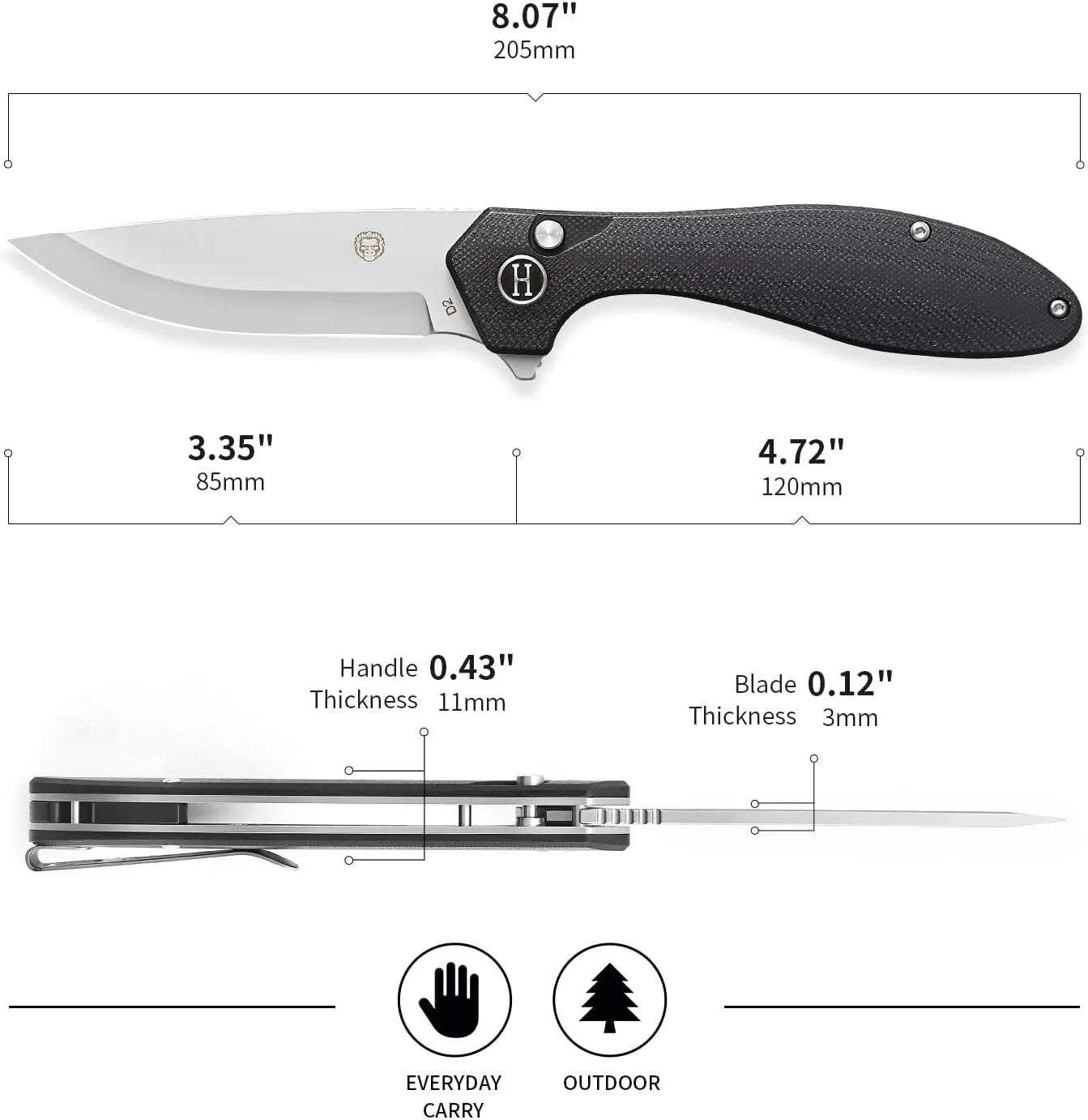 Holtzman's Gorilla Survival Mens Folding Pocket Knife Set D2 Steel Blade G10 Handle Pocket Knife EDC Gift set for Men (sandblasted blade black G10 handle)