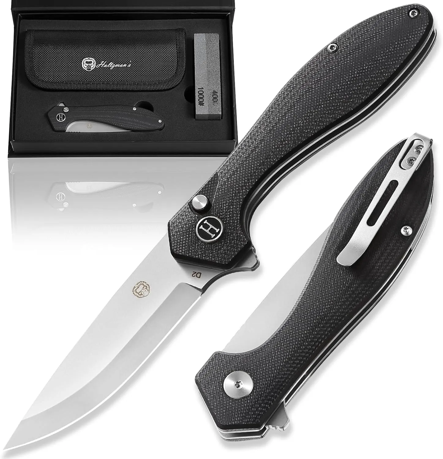 Holtzman's Gorilla Survival Mens Folding Pocket Knife Set D2 Steel Blade G10 Handle Pocket Knife EDC Gift set for Men (sandblasted blade black G10 handle)