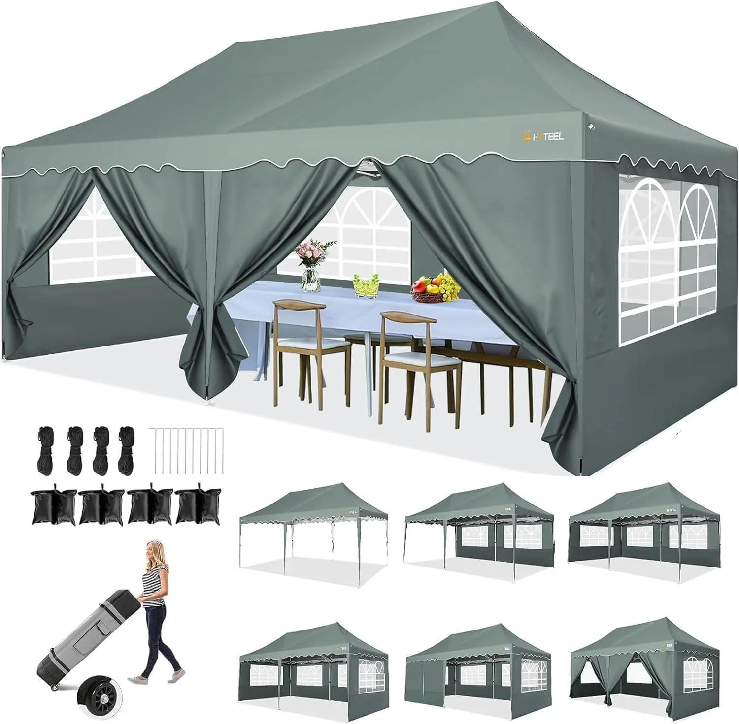 HOTEEL 10x20 Pop Up Canopy,6 Sidewalls & Wheeled Bag & 4 Sandbags, Easy Setup, Waterproof and UV50  Protection, Grey