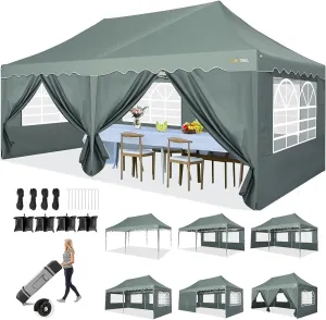 HOTEEL 10x20 Pop Up Canopy,6 Sidewalls & Wheeled Bag & 4 Sandbags, Easy Setup, Waterproof and UV50  Protection, Grey