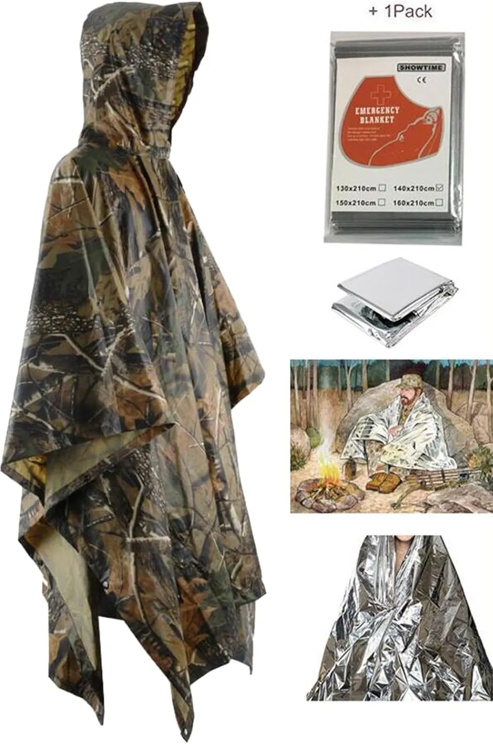 HOW'ON Mens Rain Poncho Waterproof Poncho Hooded Poncho Emergency Raincoat