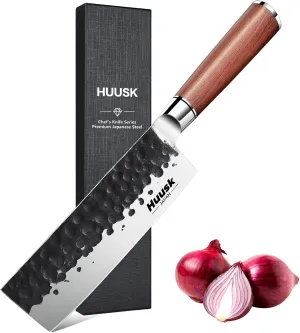 Huusk Japan Nakiri Chef Knife, 6.5 Inch Vegetable Chopping Knife, Multipurpose Japanese Kitchen Knife, Hand Forged High Carbon Steel Cleaver, Ergonomic Rosewood Handle with Gift Box for Dad