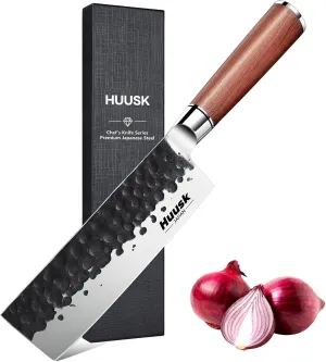 Huusk Japan Nakiri Chef Knife - 6.5 Inch Vegetable Chopping Knife, Multipurpose Japanese Vegetable Cleaver for Kitchen, Hand Forged High Carbon Steel, Ergonomic Rosewood Handle with Gift Box for Dad