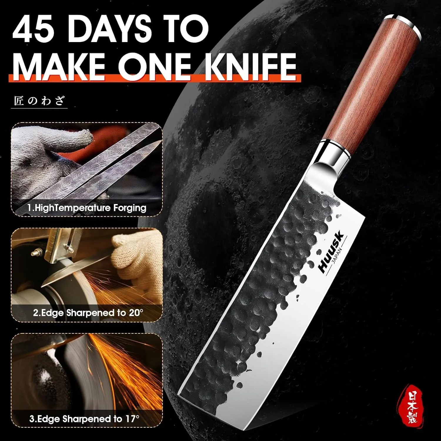 Huusk Japan Nakiri Chef Knife - 6.5 Inch Vegetable Chopping Knife, Multipurpose Japanese Vegetable Cleaver for Kitchen, Hand Forged High Carbon Steel, Ergonomic Rosewood Handle with Gift Box for Dad