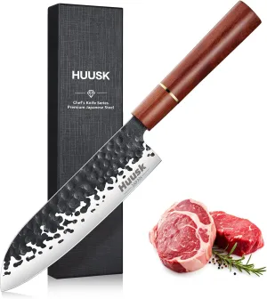 Huusk Japanese Santoku Chef Knife, Professional Chef Knife 7 Inch, Razor Sharp Kitchen Knife for Meat Cutting, Multipurpose Cooking knife with Hand Forged Blade & Rosewood Handle, Gift for Dad