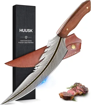 Huusk Japanese Sharp Feather Knife - Hand Forged Camping Knife with Sheath High Carbon Steel Butcher for Meat Cutting, Cooking Knives for Camping BBQ Birthday