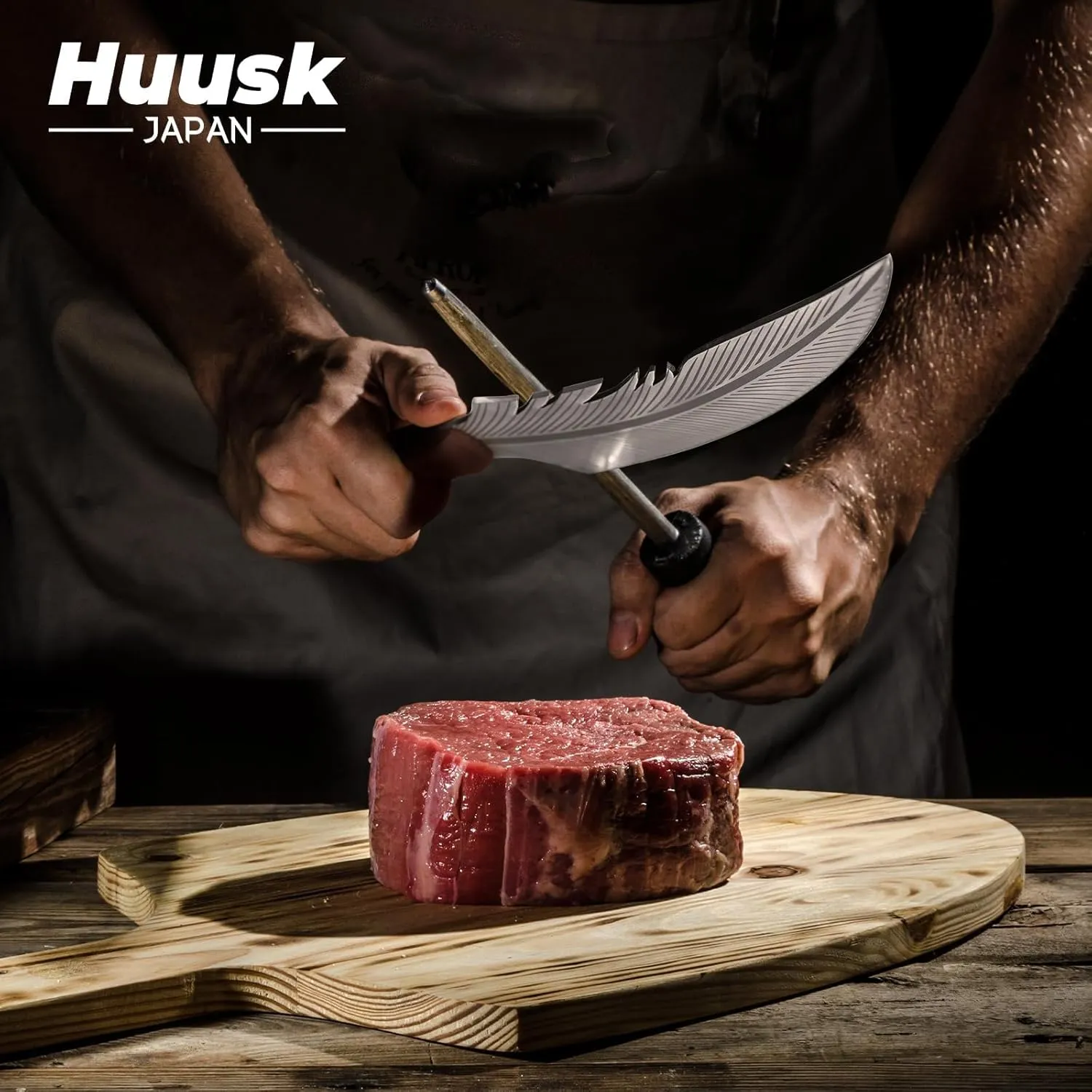Huusk Japanese Sharp Feather Knife - Hand Forged Camping Knife with Sheath High Carbon Steel Butcher for Meat Cutting, Cooking Knives for Camping BBQ Birthday