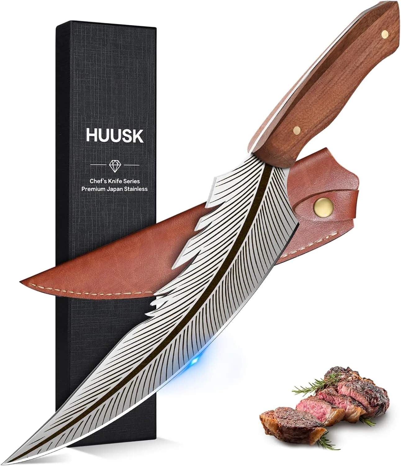 Huusk Japanese Sharp Feather Knife - Hand Forged Camping Knife with Sheath High Carbon Steel Butcher for Meat Cutting, Cooking Knives for Camping BBQ Birthday