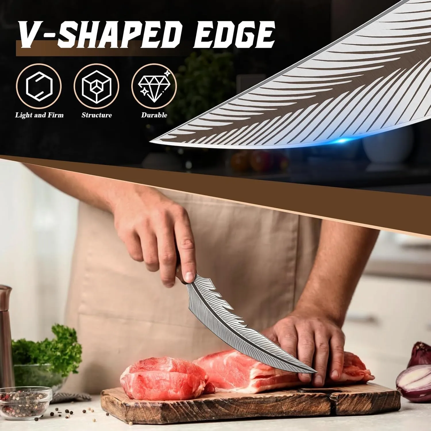 Huusk Japanese Sharp Feather Knife - Hand Forged Camping Knife with Sheath High Carbon Steel Butcher for Meat Cutting, Cooking Knives for Camping BBQ Birthday