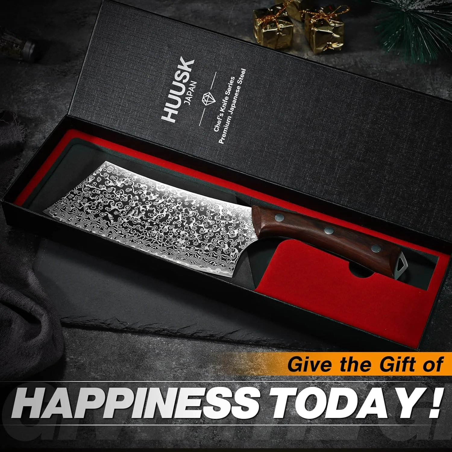 Huusk Meat Cleaver Knife Japanese Kitchen Knife 6.4 Inch, Hand Forged Butcher Knife for Meat Cutting, Vegetable Chopping Knife High Carbon Steel Damascus Pattern Chef Knife Cooking Gift for Men Women