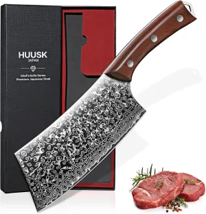 Huusk Meat Cleaver Knife Japanese Kitchen Knife 6.4 Inch, Hand Forged Butcher Knife for Meat Cutting, Vegetable Chopping Knife High Carbon Steel Damascus Pattern Chef Knife Cooking Gift for Men Women