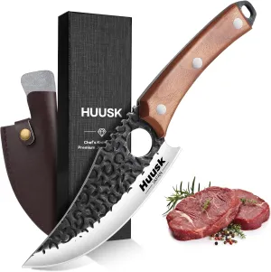 Huusk Viking Knife with Sheath - Hand Forged Butcher Knife for Meat Cutting - High Carbon Steel Meat Kitchen Knives- Multipurpose Japanese Chef Knives for Camping, Outdoor, BBQ