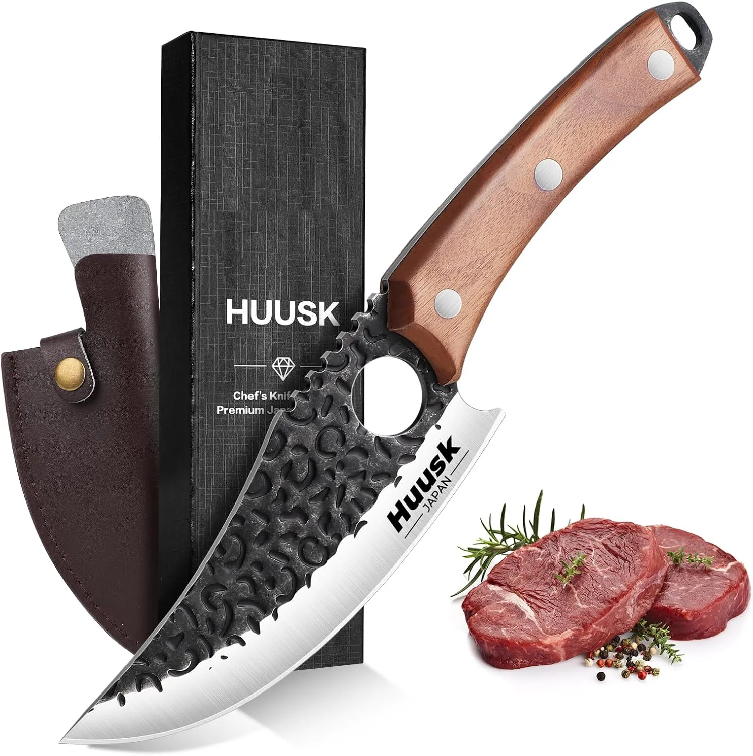 Huusk Viking Knife with Sheath - Hand Forged Butcher Knife for Meat Cutting - High Carbon Steel Meat Kitchen Knives- Multipurpose Japanese Chef Knives for Camping, Outdoor, BBQ