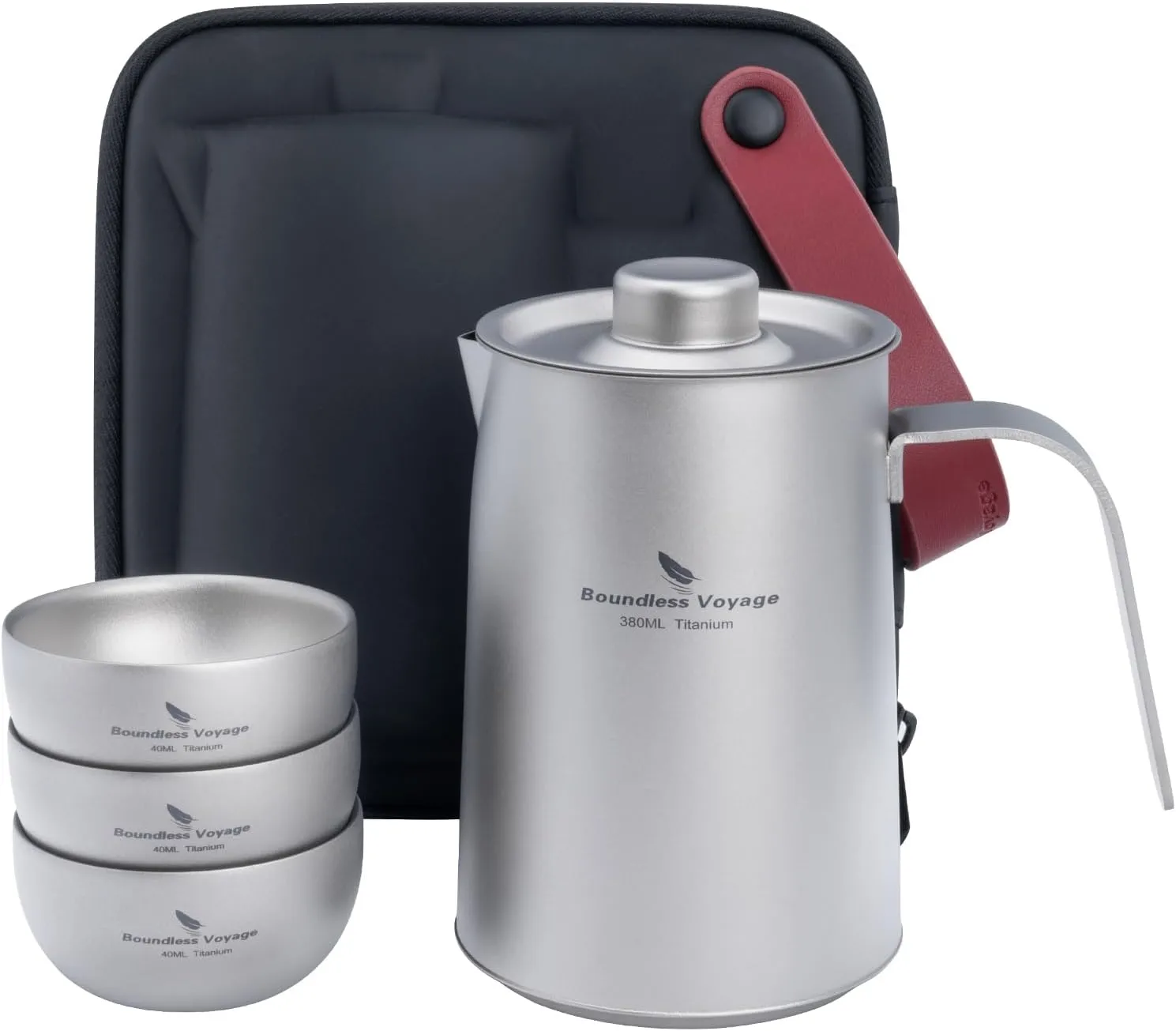 iBasingo 380ml Titanium Teapot with infuser and 3 40ml Teacups Lightweight Portable Tea Kettle with Lid Chinese Tea Set for Outdoor Camping Travel Home Picnic Hiking Drinkware Ti3116D Ti3204D