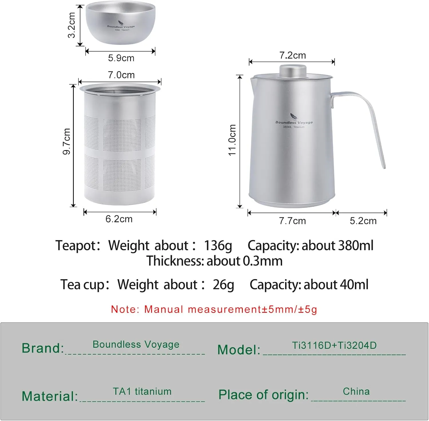 iBasingo 380ml Titanium Teapot with infuser and 3 40ml Teacups Lightweight Portable Tea Kettle with Lid Chinese Tea Set for Outdoor Camping Travel Home Picnic Hiking Drinkware Ti3116D Ti3204D
