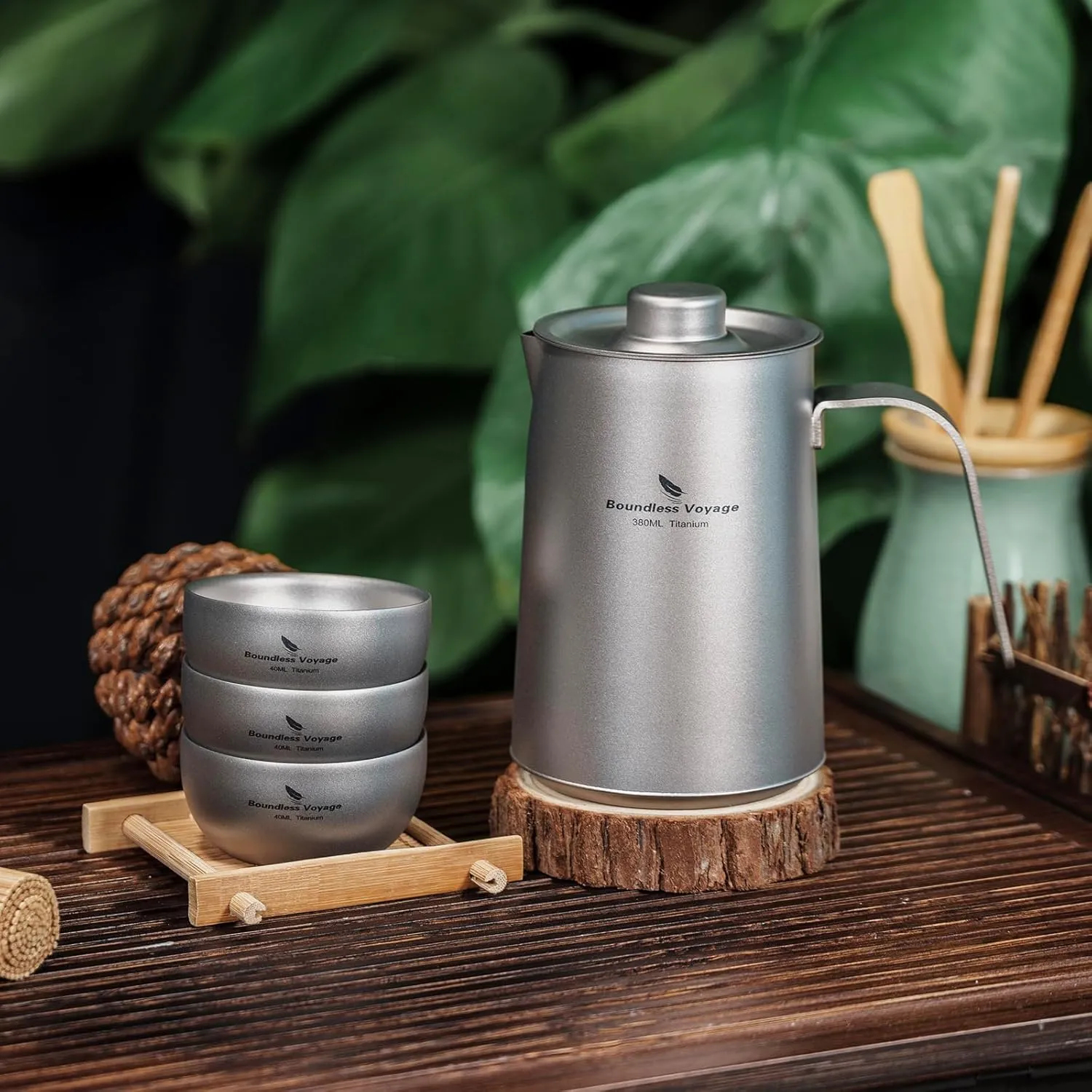 iBasingo 380ml Titanium Teapot with infuser and 3 40ml Teacups Lightweight Portable Tea Kettle with Lid Chinese Tea Set for Outdoor Camping Travel Home Picnic Hiking Drinkware Ti3116D Ti3204D