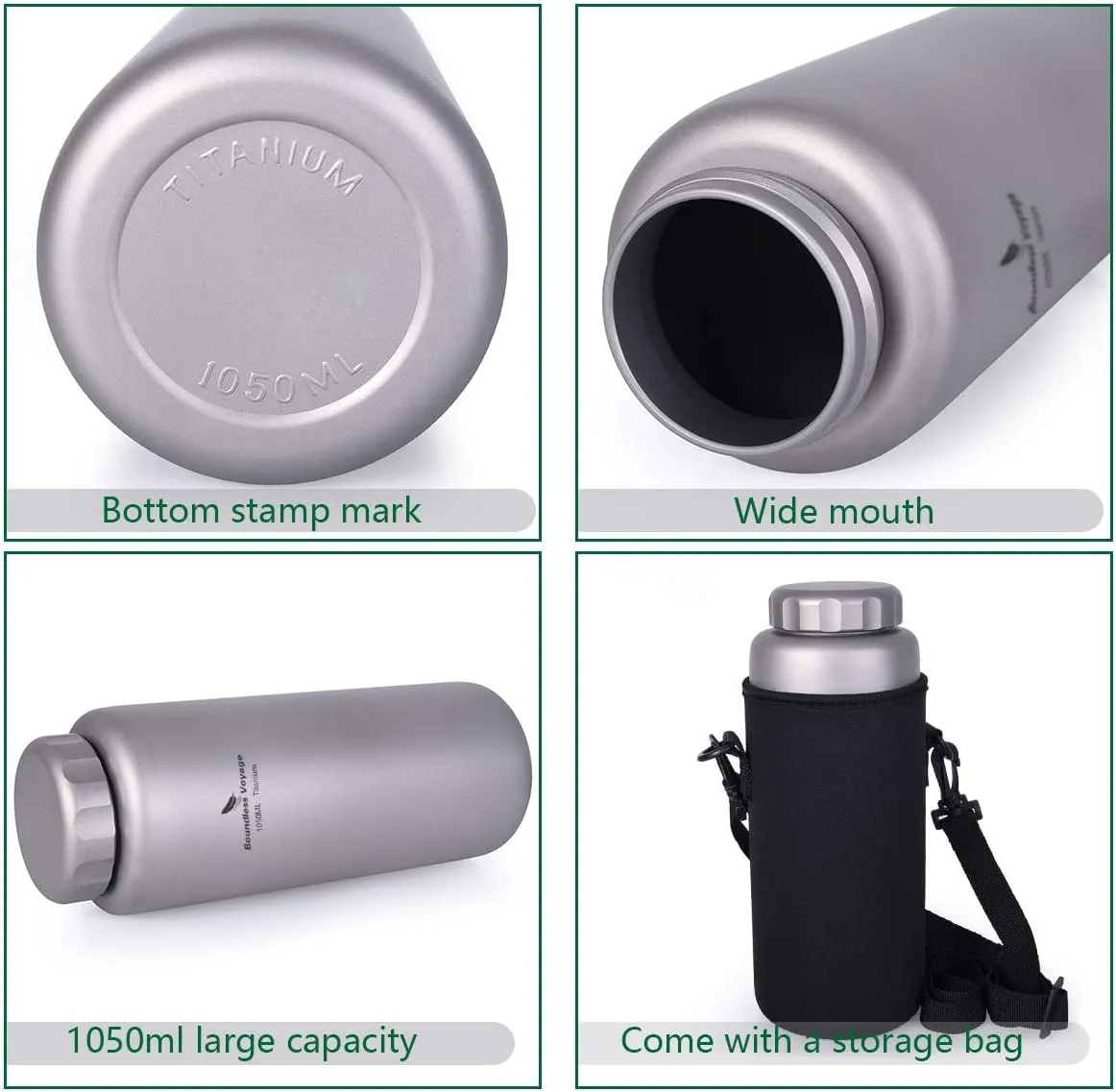 iBasingo Titanium Water Bottle 35.5oz (1050ml) Wide Mouth Lightweight Single Layer Camping Flask for Hiking, Backpacking & Outdoor Cooking Portable Durable Drinking Bottle Ti3005D