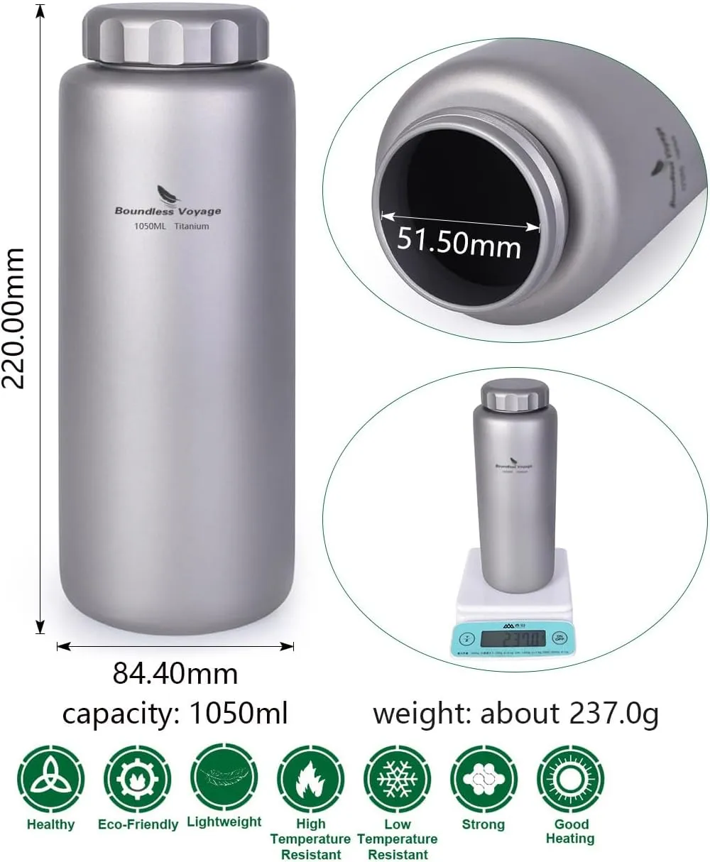 iBasingo Titanium Water Bottle 35.5oz (1050ml) Wide Mouth Lightweight Single Layer Camping Flask for Hiking, Backpacking & Outdoor Cooking Portable Durable Drinking Bottle Ti3005D