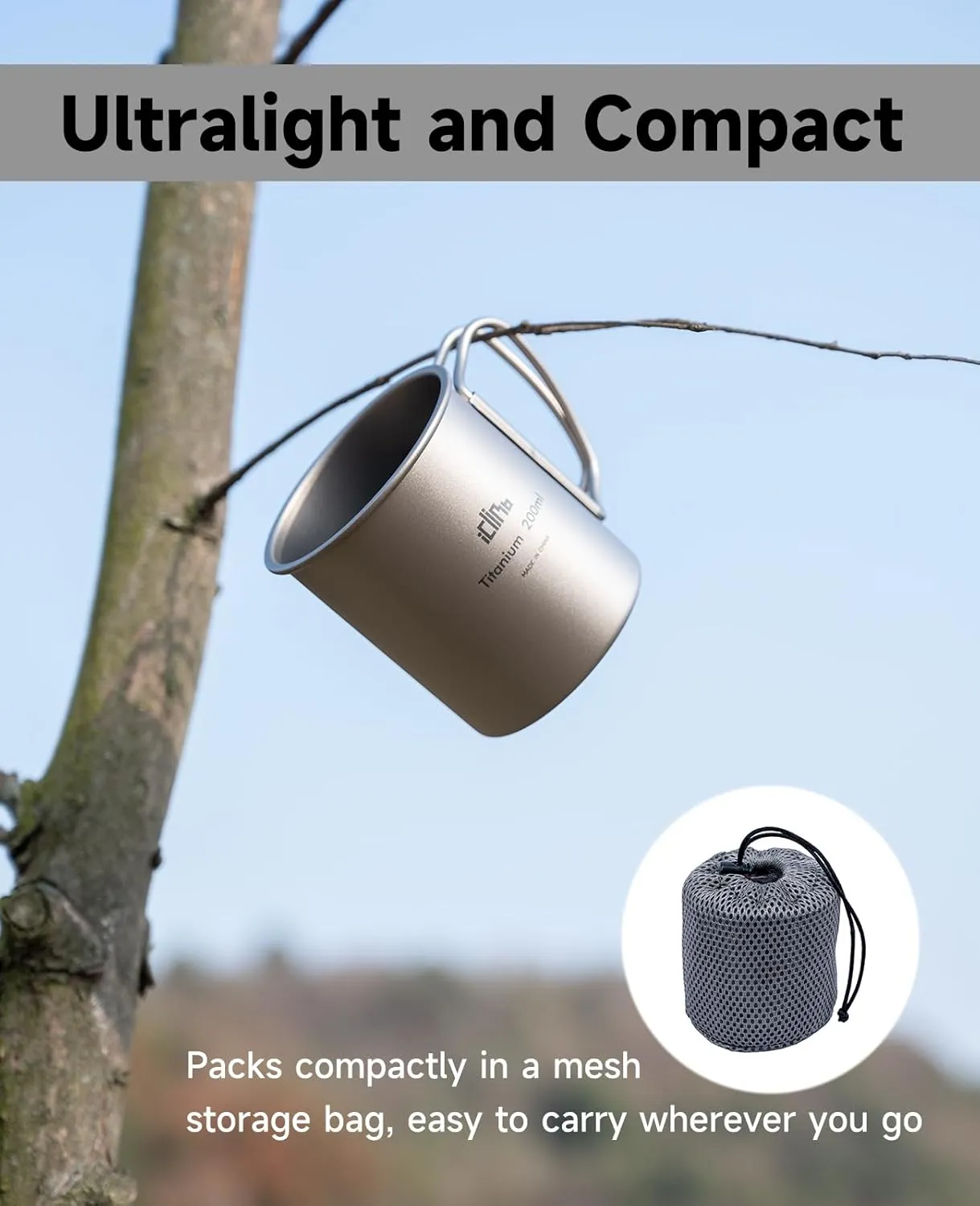 iClimb Titanium Cup Camping Coffee Mug Ultralight Compact with Foldable Handle (450ml)
