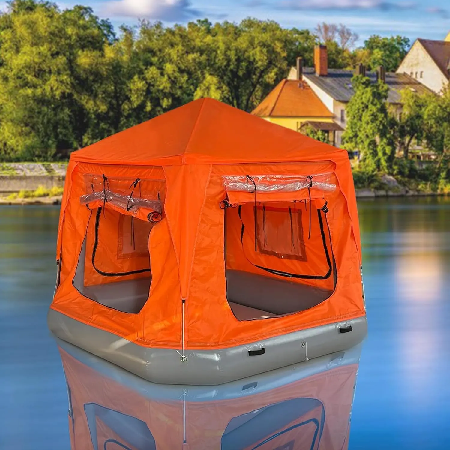 Inflatable Camping Tent with Pump Easy Setup Blow Up Tents Water Lounge Fishing Raft Boat for Pool Lake
