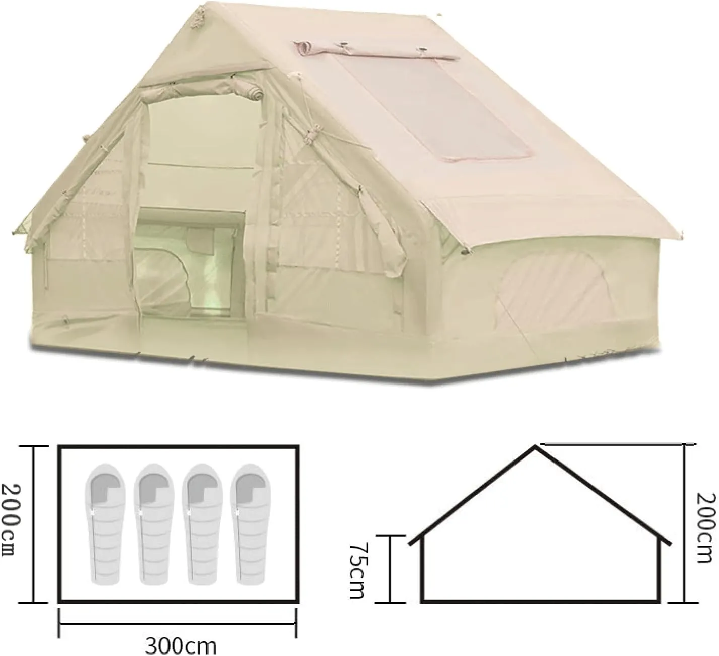 Inflatable Glamping Tent for Travelers, Oxford Outdoor Windproof Waterproof 4 Seasons Easy Setup, Luxury Cabin Tent, Large Inflatable House Tent 6㎡/12㎡