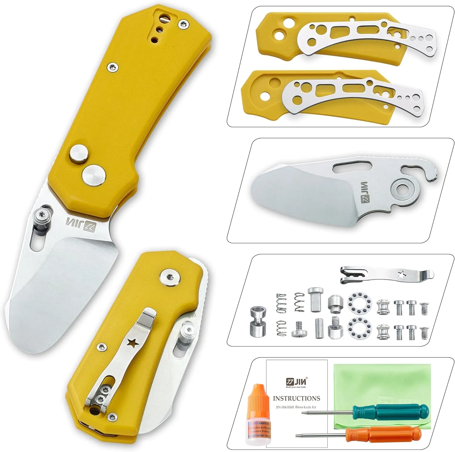 JIN Rhino Jr. Kids Pocket Knife, DIY Knife Kit, Fidget Toy Knives, 1.97” Unsharpened Steel Blade, Rounded Tip, Button Lock Folding EDC, Yellow G10 Handle