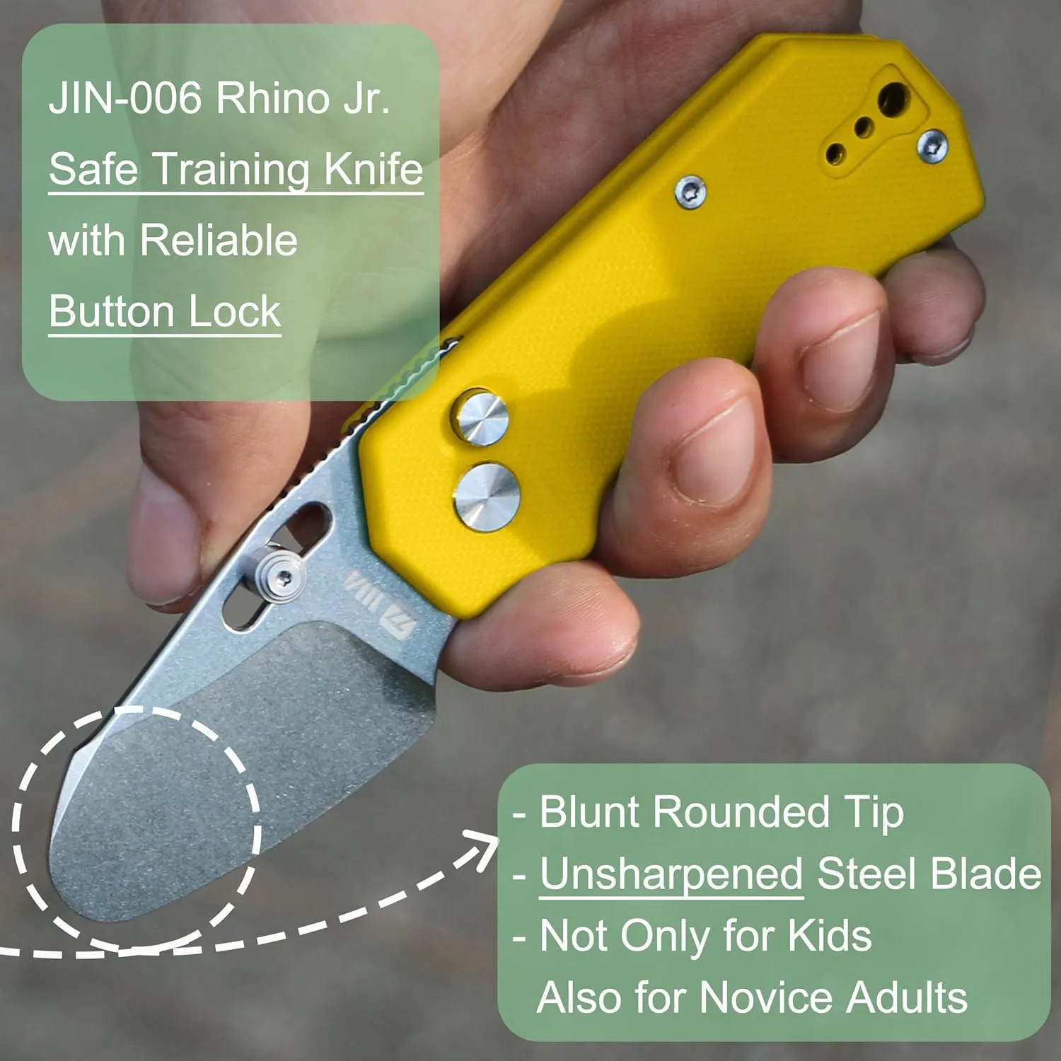 JIN Rhino Jr. Kids Pocket Knife, DIY Knife Kit, Fidget Toy Knives, 1.97” Unsharpened Steel Blade, Rounded Tip, Button Lock Folding EDC, Yellow G10 Handle